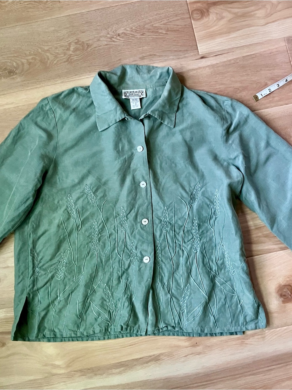 SilkLand Silk and Linen blend Sage Green Embroidered Button-Front shirt